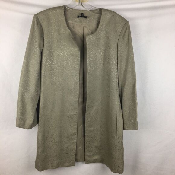 Eileen Fisher 100% Silk Jacquard Gray Open Front Collarless Long Jacket NEW L - Picture 6 of 10